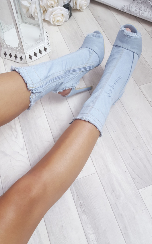 Dena Denim Frayed Peep Toe Heeled Ankle Boots Dena Denim Frayed Peep Toe Heeled Ankle Boots