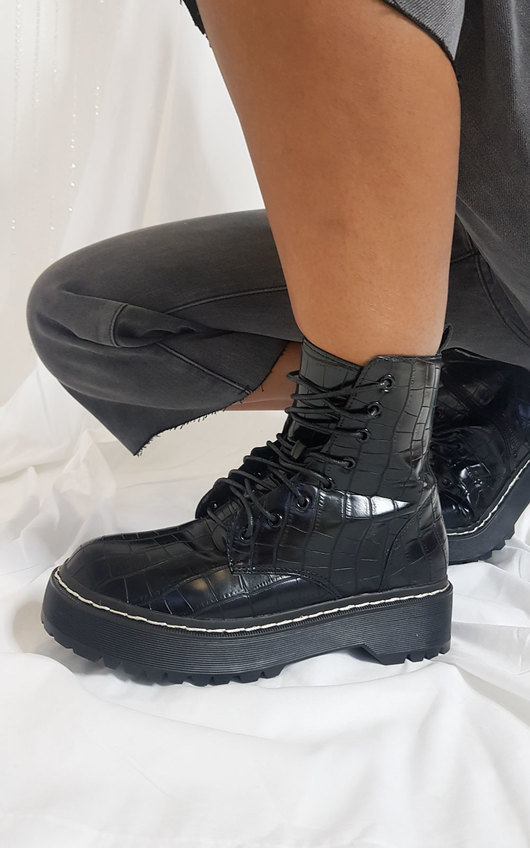 Charlie Lace Up Croc Print Biker Boots Charlie Lace Up Croc Print Biker Boots