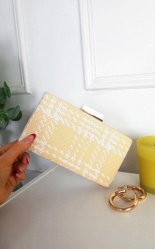 Emily Woven Box Clutch with Long Strap Detail Emily Woven Box Clutch with Long Strap Detail