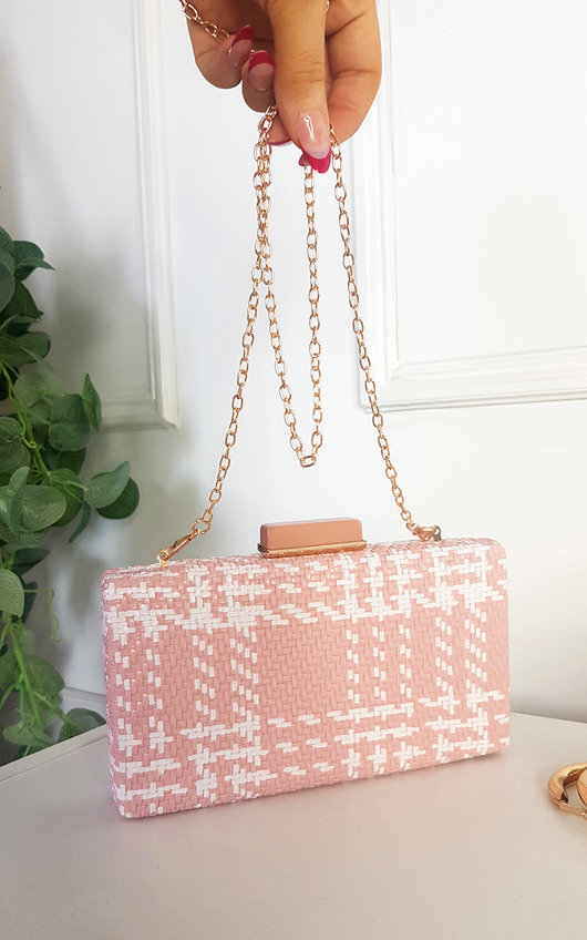 Emily Woven Box Clutch with Long Strap Detail Emily Woven Box Clutch with Long Strap Detail