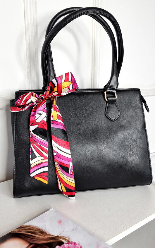 Fiona Faux Leather Bag with Patterned Ribbon Detail Fiona Faux Leather Bag with Patterned Ribbon Detail