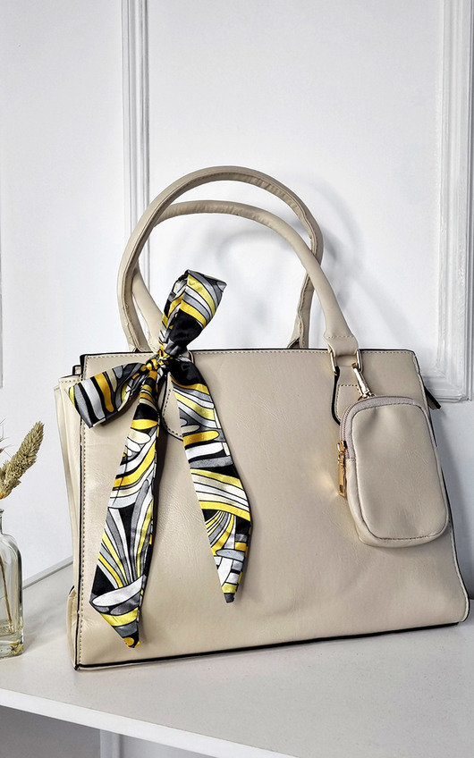 Fiona Faux Leather Bag with Patterned Ribbon Detail Fiona Faux Leather Bag with Patterned Ribbon Detail