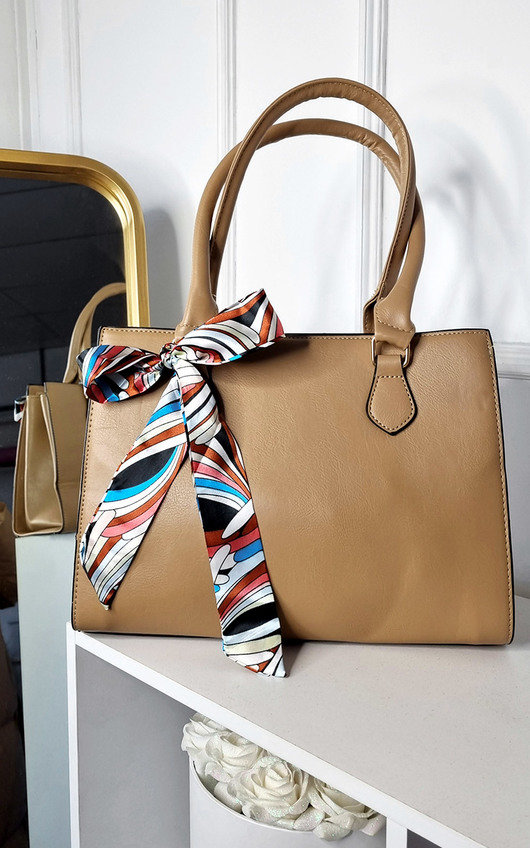 Fiona Faux Leather Bag with Patterned Ribbon Detail Fiona Faux Leather Bag with Patterned Ribbon Detail