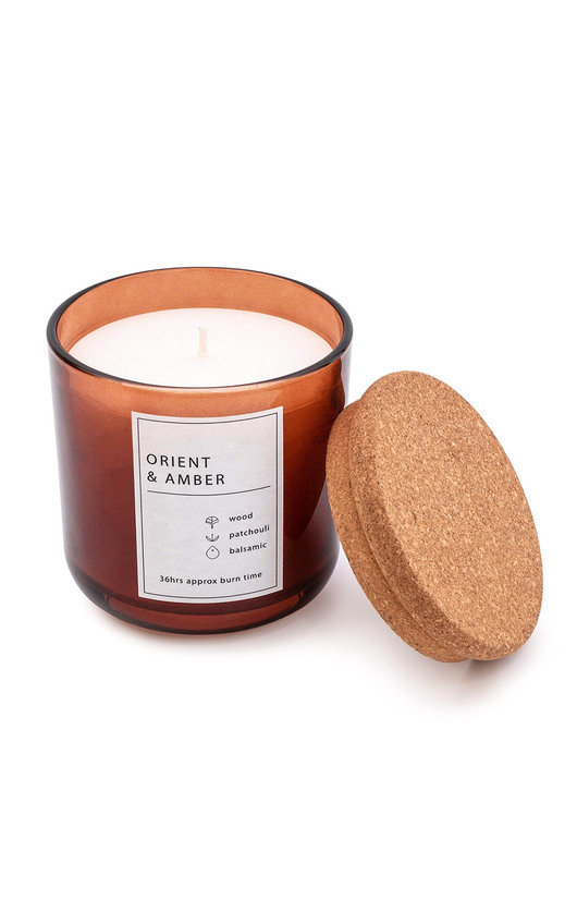 Glass Filled Wax Candle with Cork Lid in Orient & Amber Scent Glass Filled Wax Candle with Cork Lid in Orient & Amber Scent