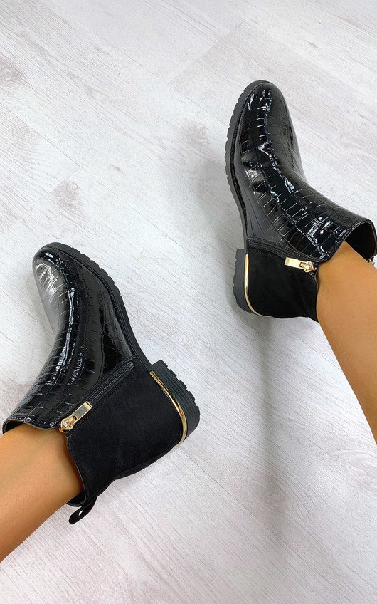 Jules Faux Leather Patent Croc Print Ankle Boots in Black