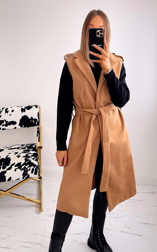 Kirsty Sleeveless Jacket with Belt Detail Kirsty Sleeveless Jacket with Belt Detail
