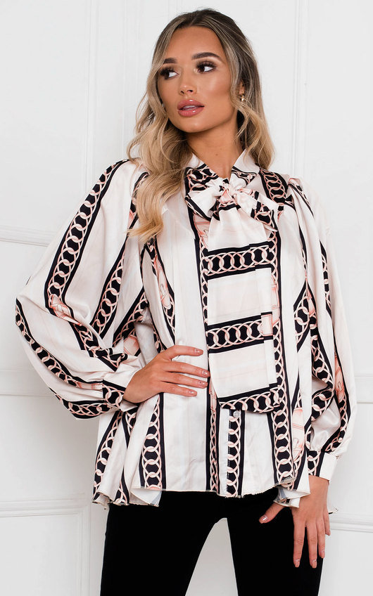 Lara Printed Tie Neck Oversized Shirt Top Lara Printed Tie Neck Oversized Shirt Top