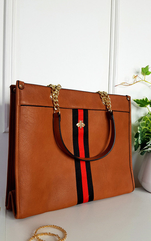 Leanne Faux Leather Chain Shoulder Bag with Stripe Detail Leanne Faux Leather Chain Shoulder Bag with Stripe Detail