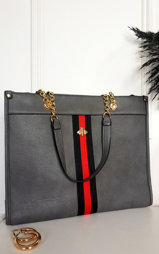 Leanne Faux Leather Chain Shoulder Bag with Stripe Detail Leanne Faux Leather Chain Shoulder Bag with Stripe Detail