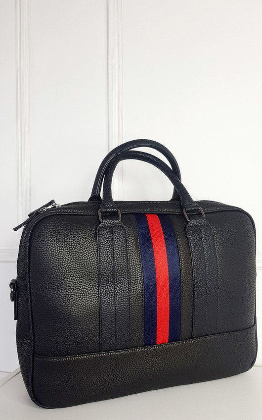 Lorraine Faux Leather Bowler Bag with Navy and Red Stripe Detail