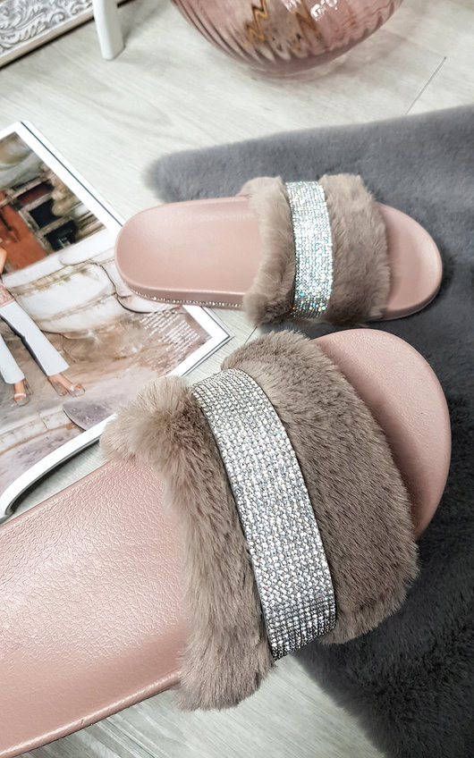 Marie Faux Fur Sliders with Embellished Detail Marie Faux Fur Sliders with Embellished Detail