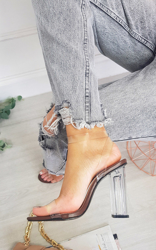 Mhairi Perspex Heels with Black Sole and Strap Detail Mhairi Perspex Heels with Black Sole and Strap Detail
