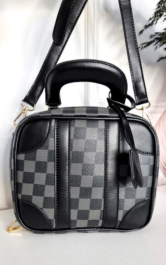 Olive Faux Leather Bowler Bag with Check Print