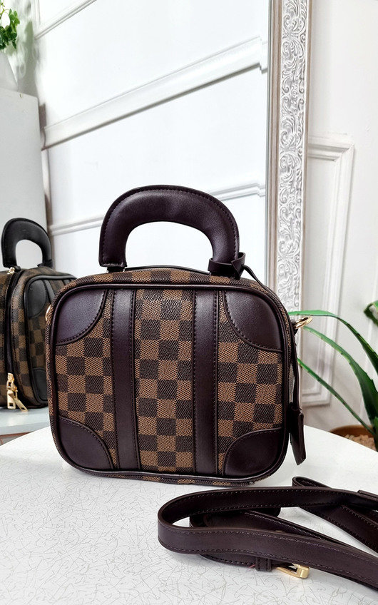 Olive Faux Leather Bowler Bag with Check Print Olive Faux Leather Bowler Bag with Check Print