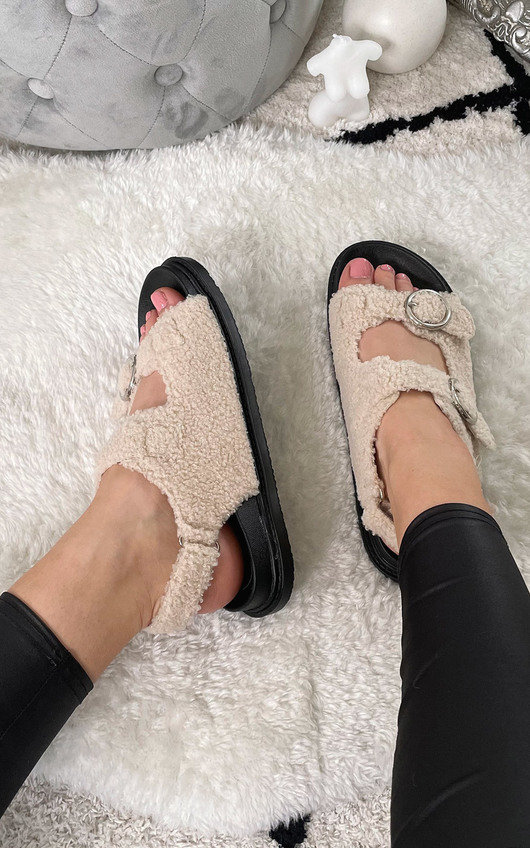 Zahra Faux Fur Double Buckle Sliders Zahra Faux Fur Double Buckle Sliders