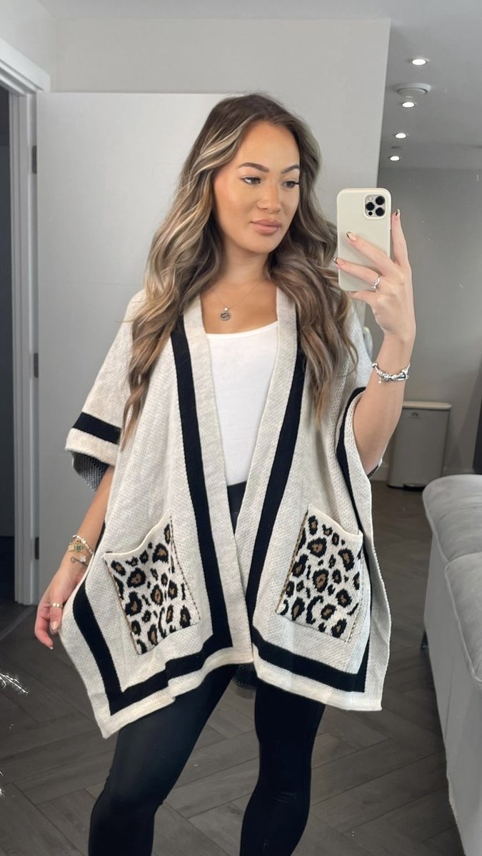 Diana Knitted Poncho with Printed Pockets Thumbnail Diana Knitted Poncho with Printed Pockets Thumbnail