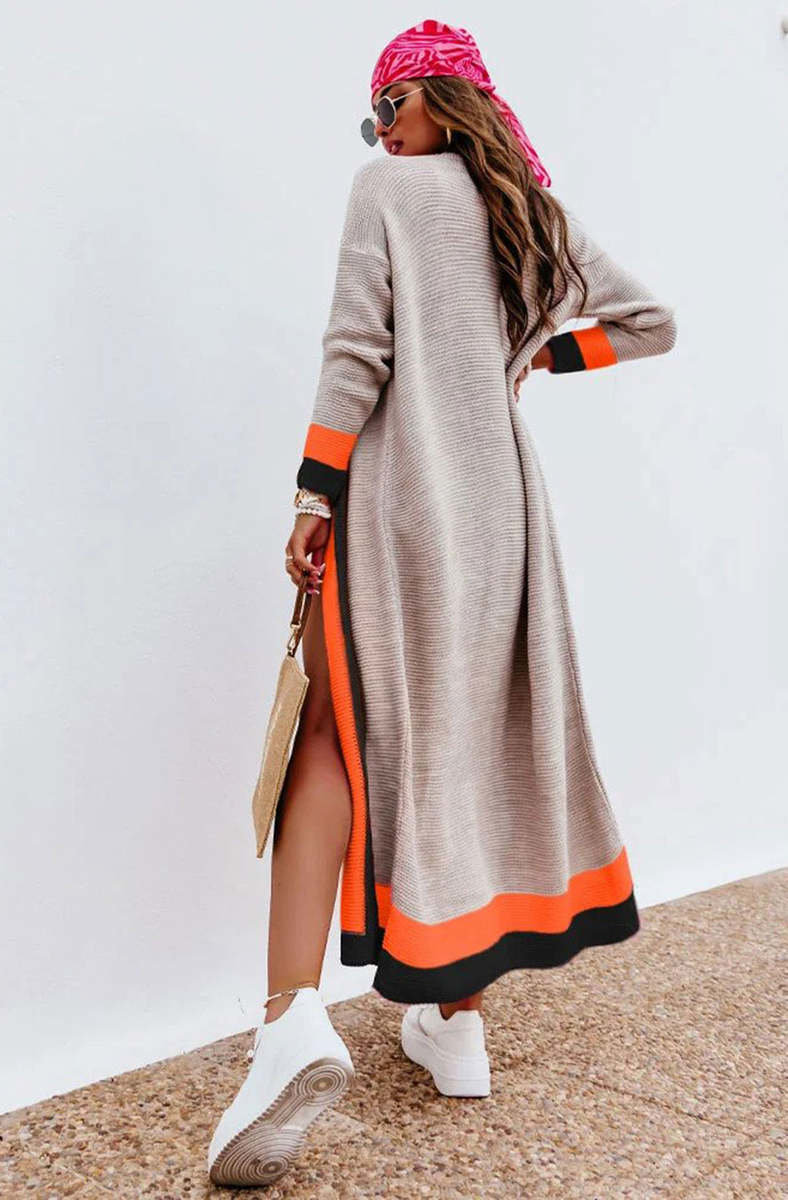Marlowe Beige Maxi Cardigan with Border Details Thumbnail Marlowe Beige Maxi Cardigan with Border Details Thumbnail