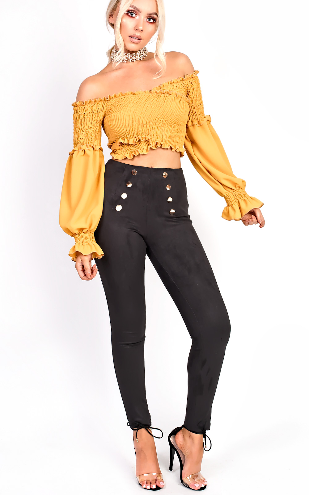 Karmen Bardot Stretch Long Sleeved Frill Crop Top Thumbnail Karmen Bardot Stretch Long Sleeved Frill Crop Top Thumbnail