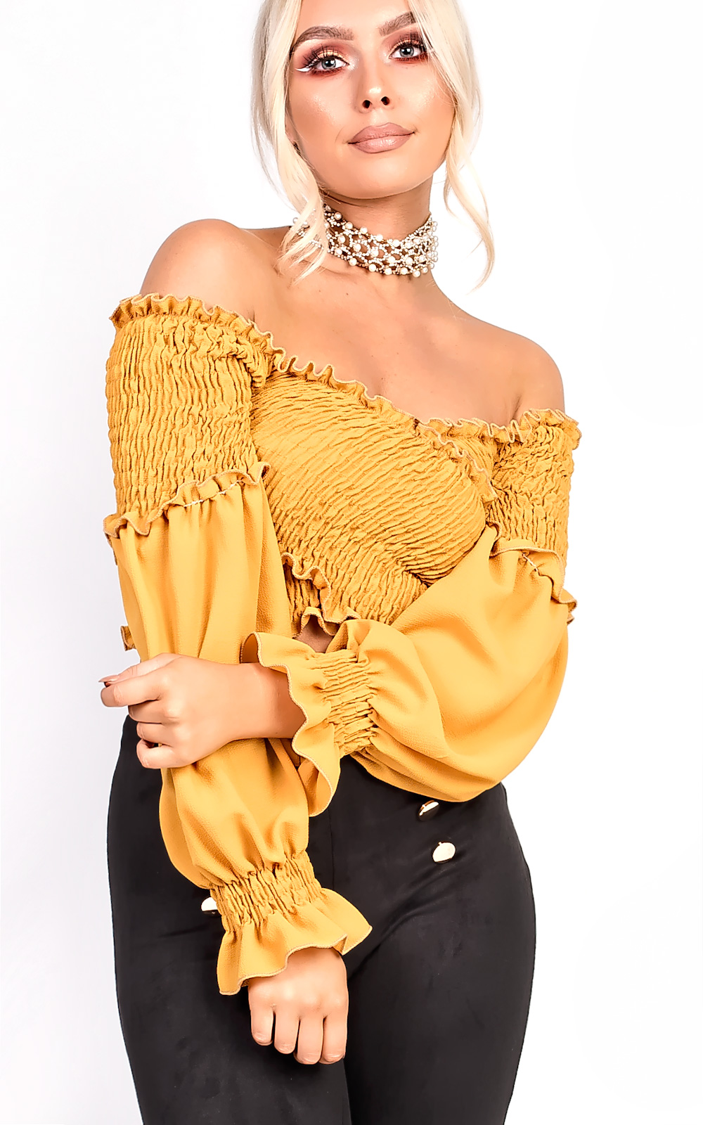 Karmen Bardot Stretch Long Sleeved Frill Crop Top Karmen Bardot Stretch Long Sleeved Frill Crop Top