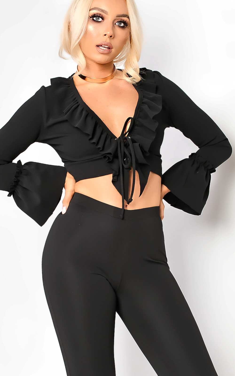 Styla Tie Front Bell Sleeve Crop Top Thumbnail