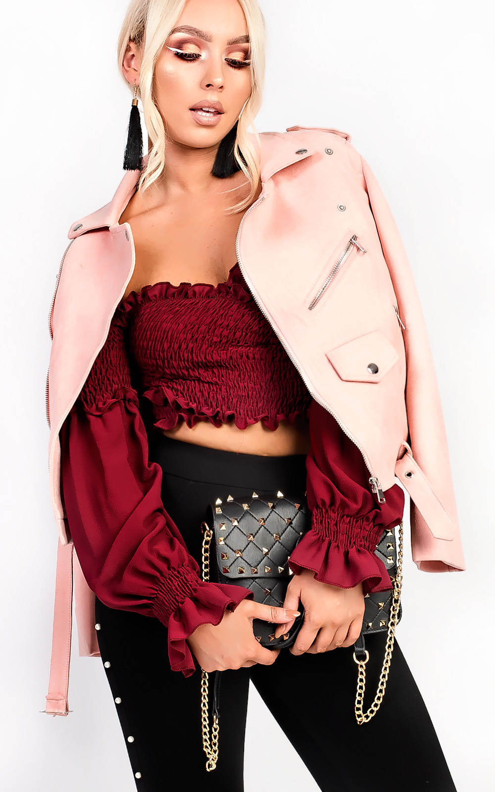 Karmen Bardot Stretch Long Sleeved Frill Crop Top Thumbnail Karmen Bardot Stretch Long Sleeved Frill Crop Top Thumbnail