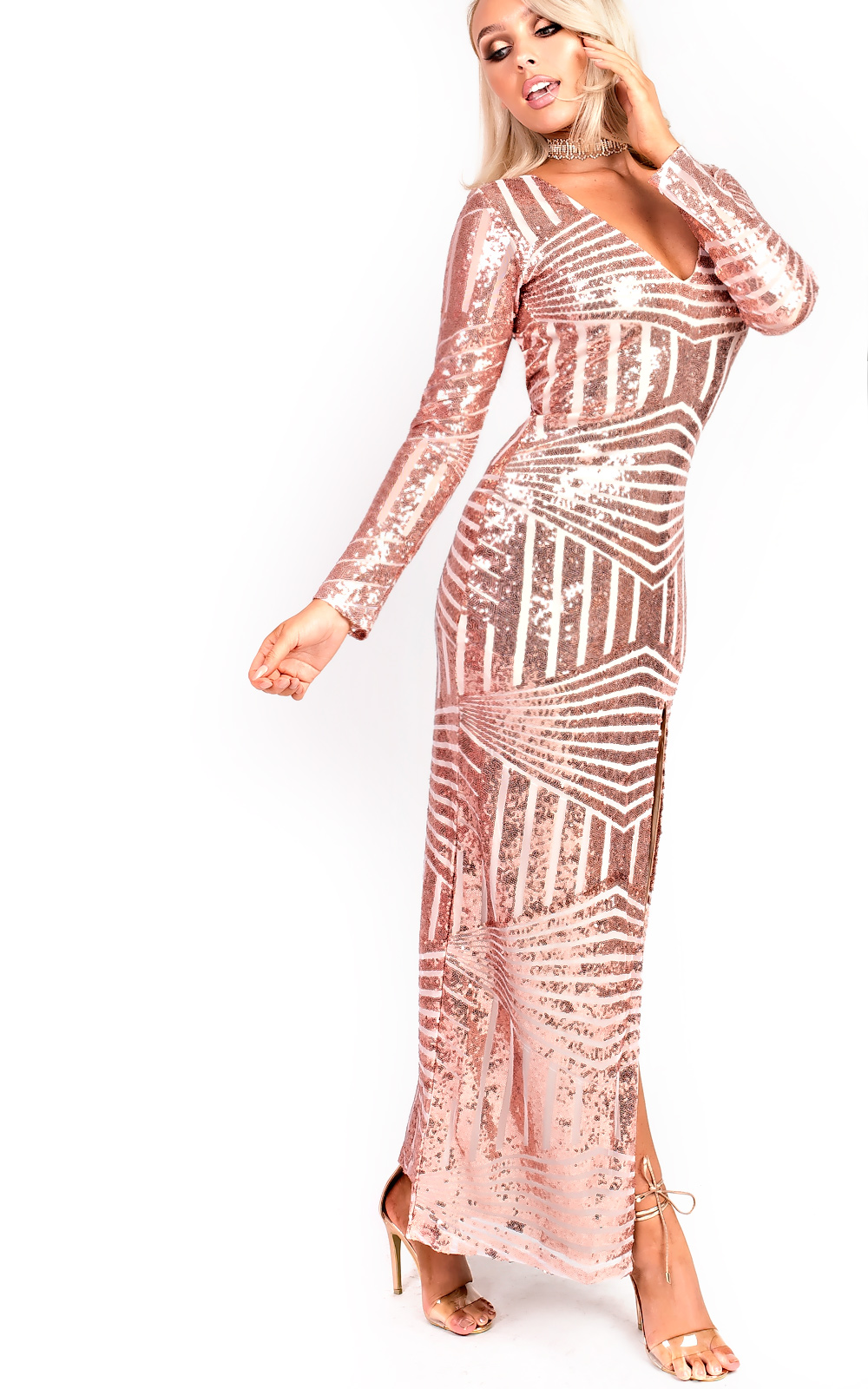 Olivia Sequin Plunge Evening Maxi Dress Thumbnail