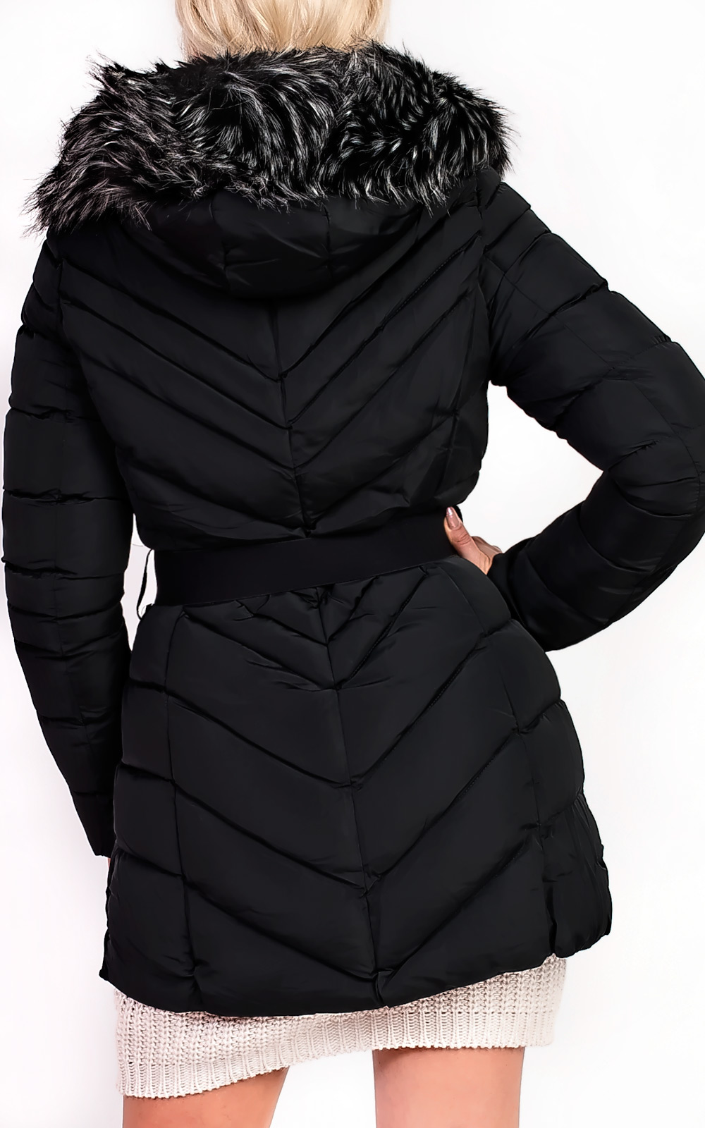 Stella Padded Faux Fur Hooded Belted Jacket Thumbnail