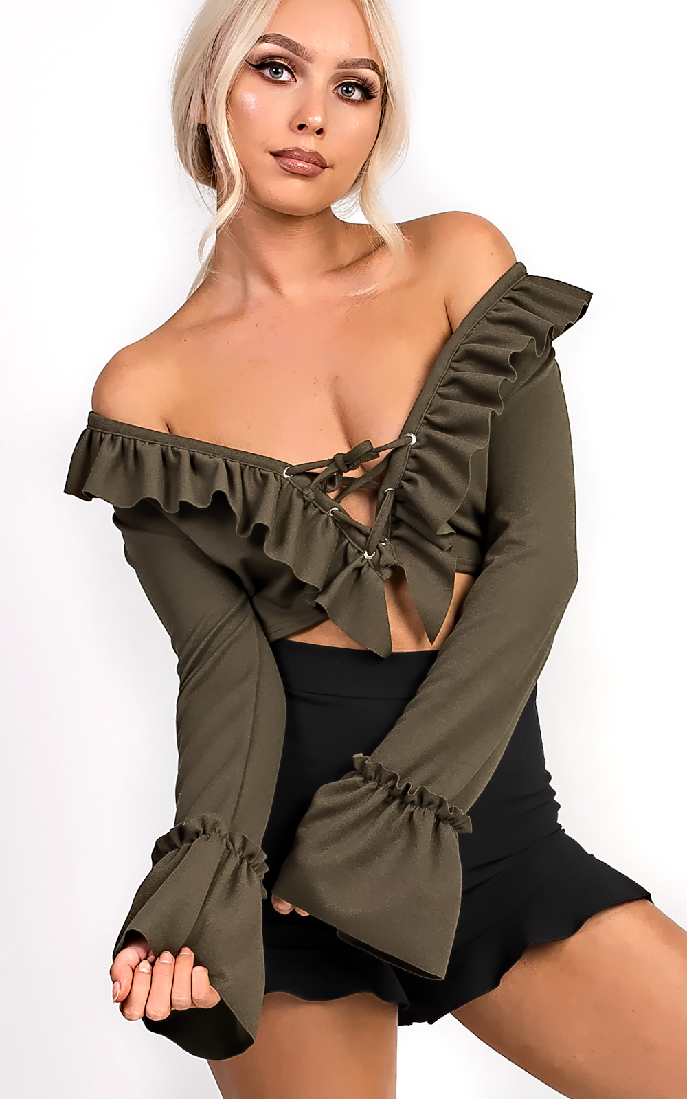 Styla Tie Front Bell Sleeve Crop Top Thumbnail Styla Tie Front Bell Sleeve Crop Top Thumbnail