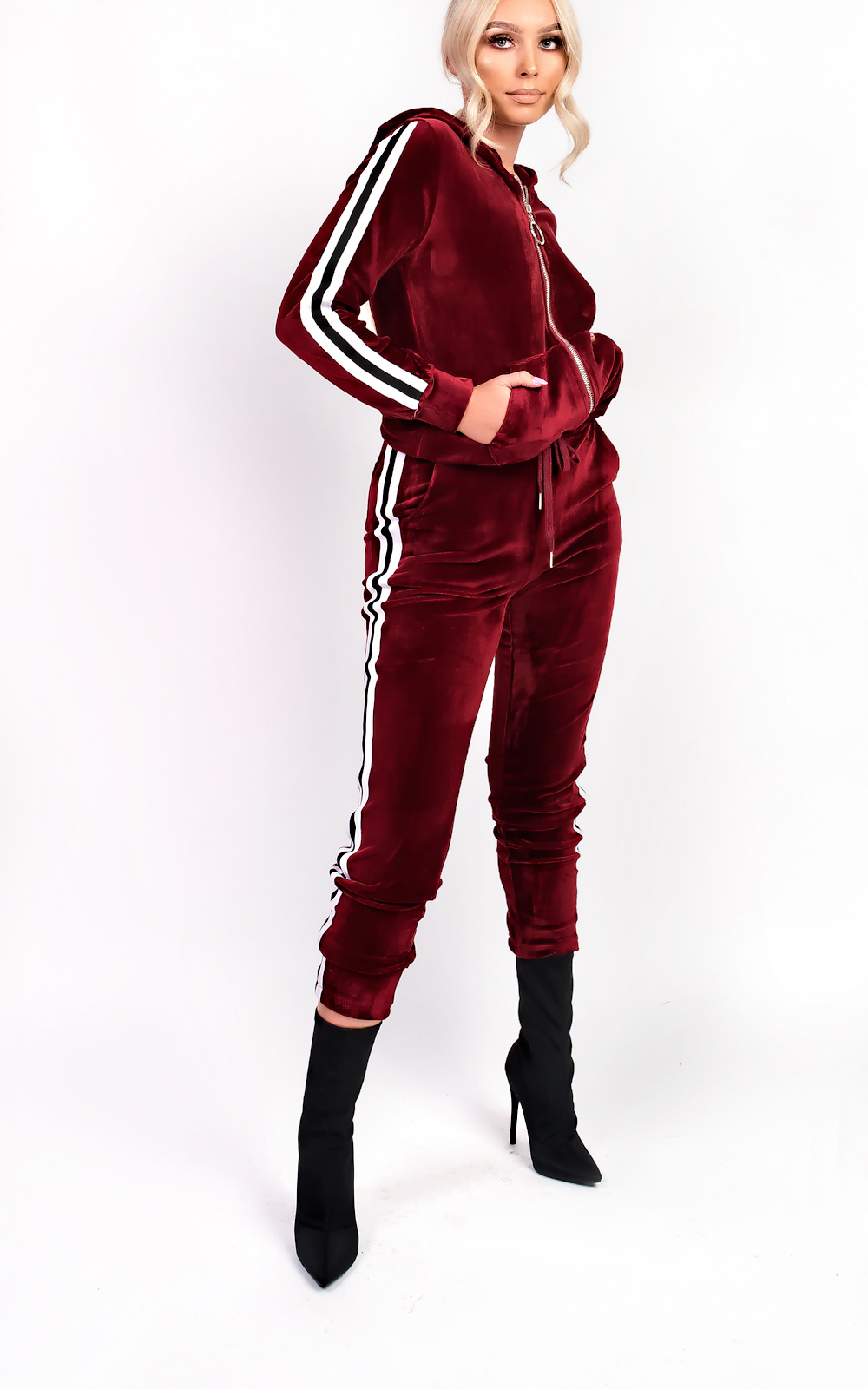 Kourt Stripe Velour Tracksuit in Wine | ikrush