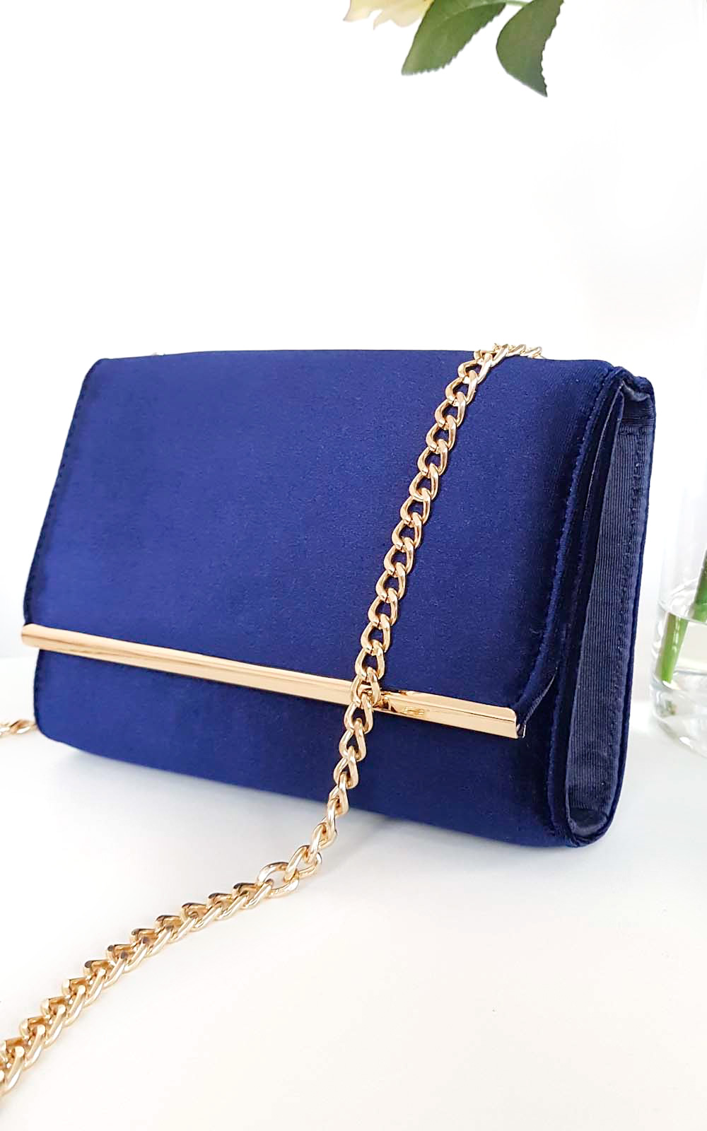 Millar Velvet Gold Chain Cross Body Bag in Navy | ikrush