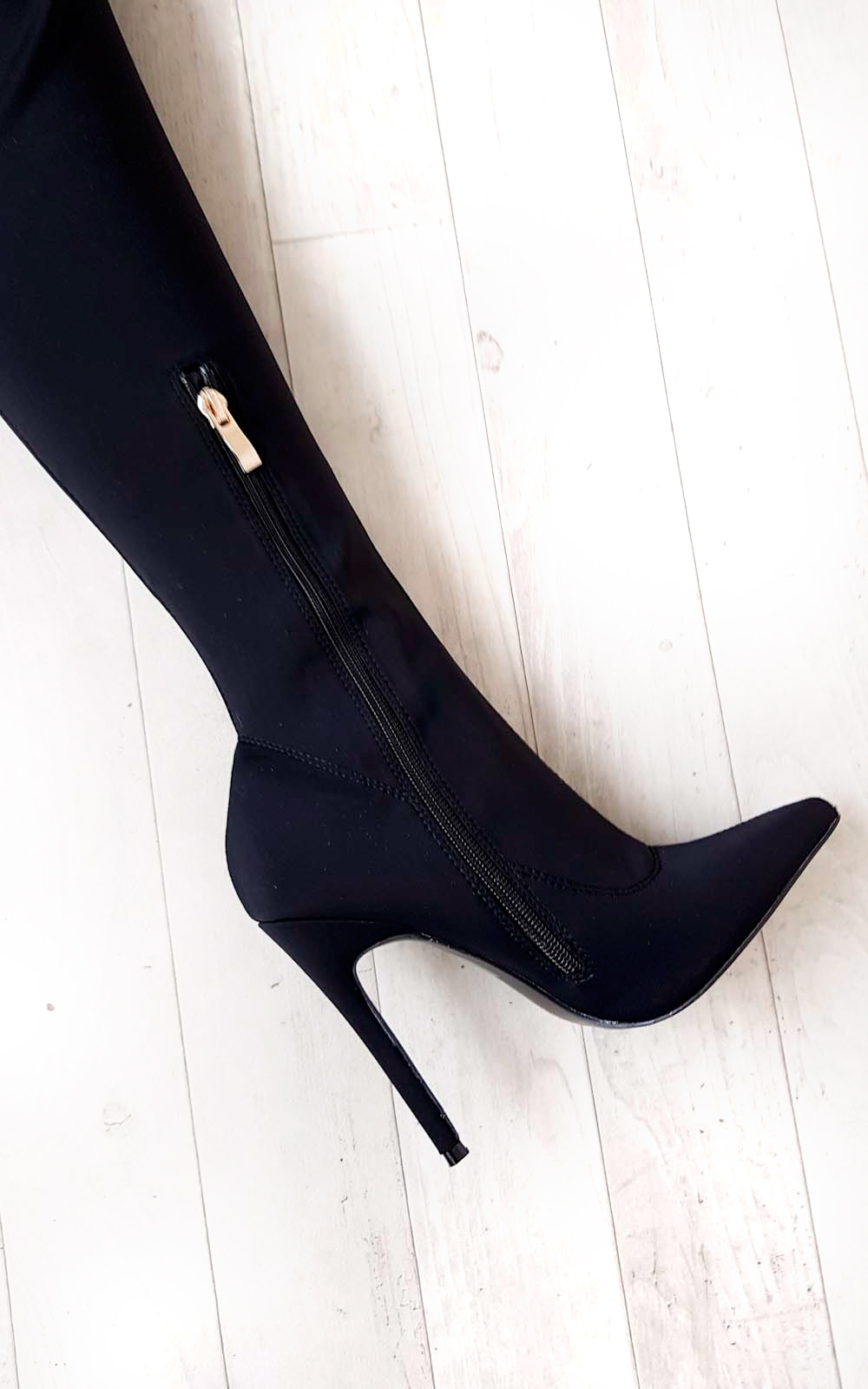 Zara Stretch Thigh High Boots in Black | ikrush