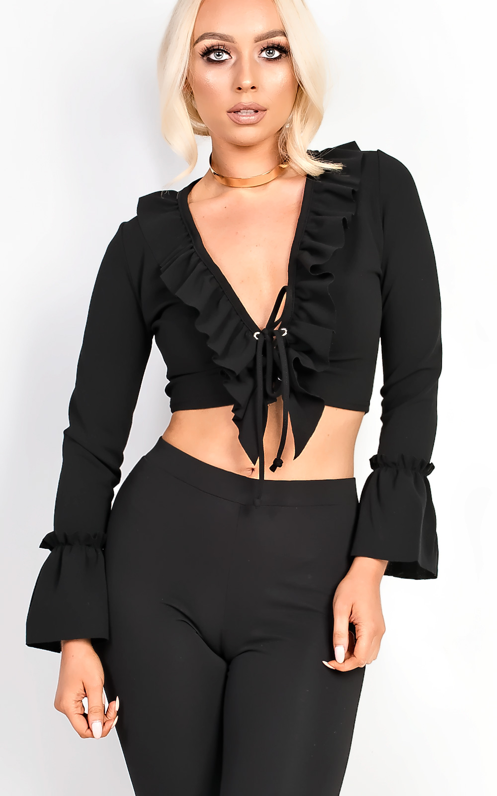 Styla Tie Front Bell Sleeve Crop Top Thumbnail Styla Tie Front Bell Sleeve Crop Top Thumbnail