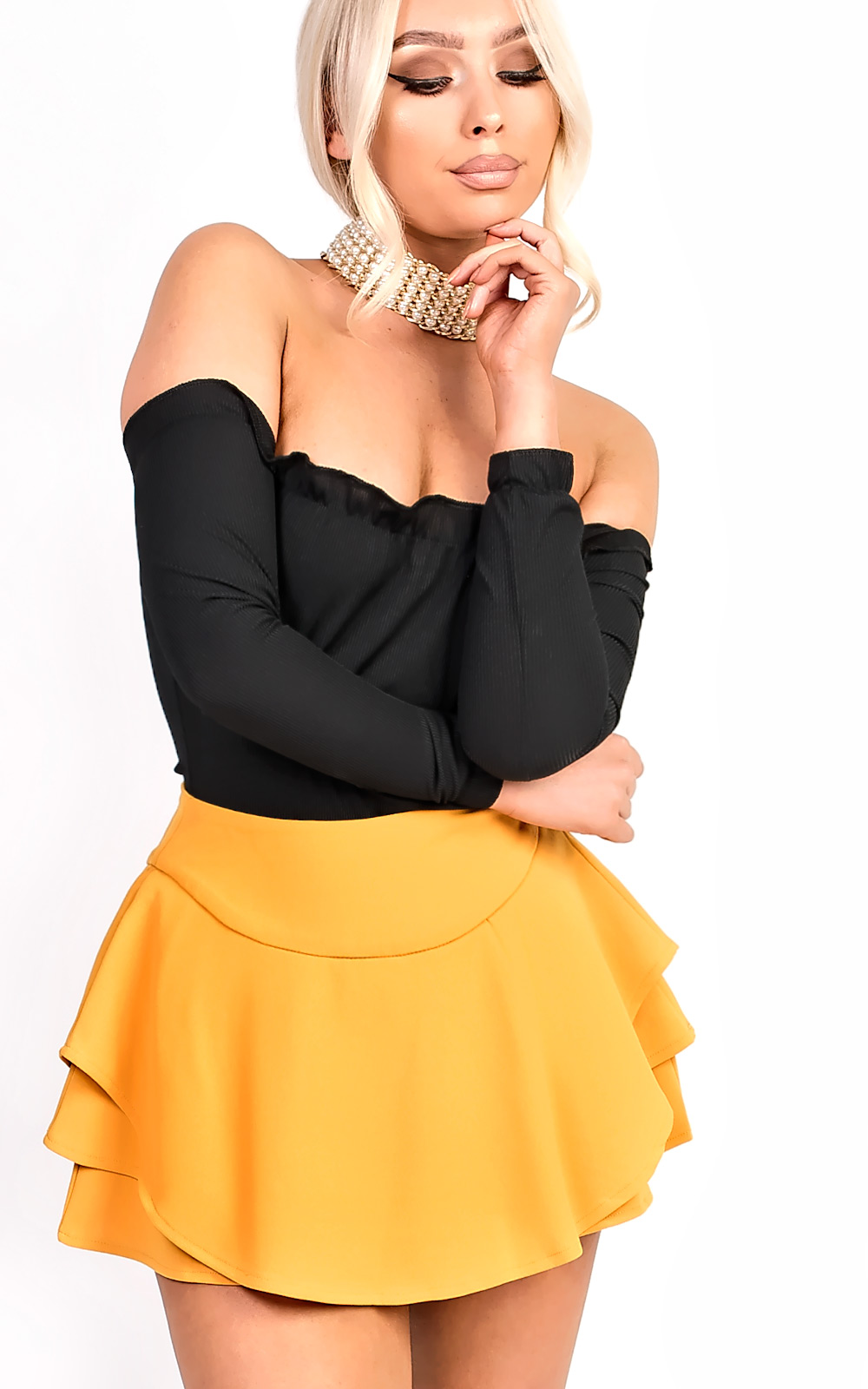 Lexia Ribbed Frill Off Shoulder Stretch Bodysuit Thumbnail Lexia Ribbed Frill Off Shoulder Stretch Bodysuit Thumbnail