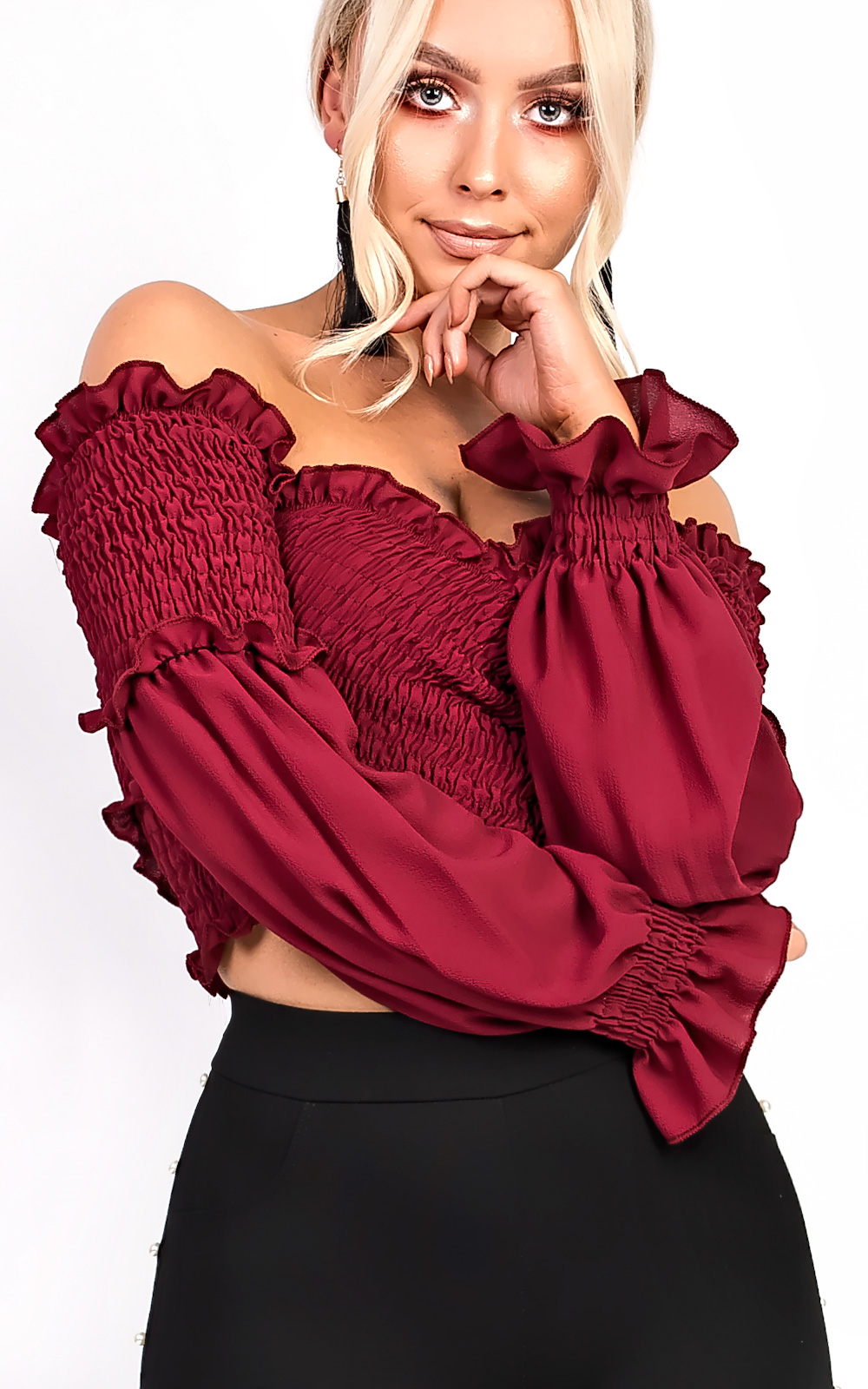Karmen Bardot Stretch Long Sleeved Frill Crop Top Thumbnail Karmen Bardot Stretch Long Sleeved Frill Crop Top Thumbnail