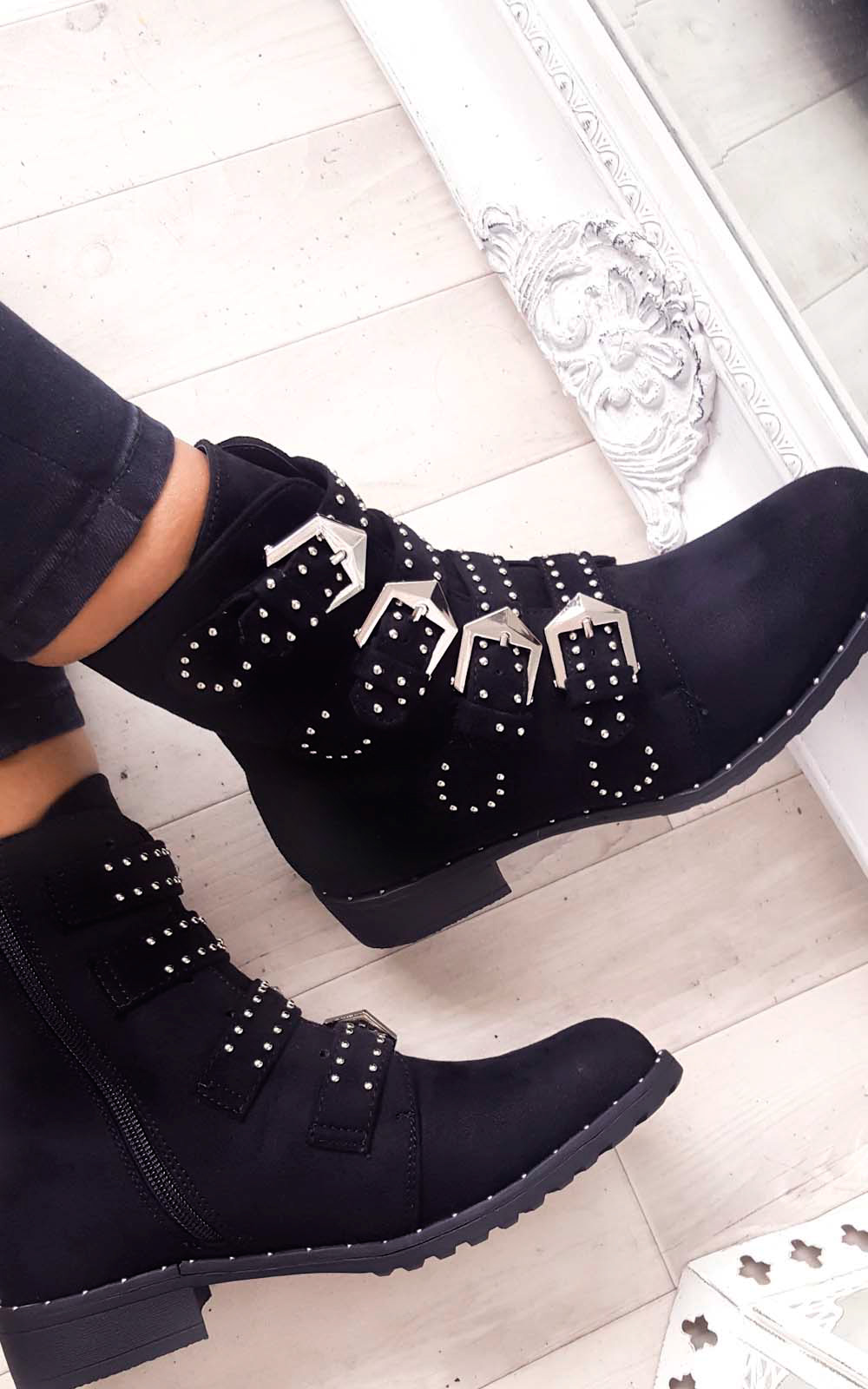 Alexis Studded Buckle Faux Suede Ankle Boots Thumbnail