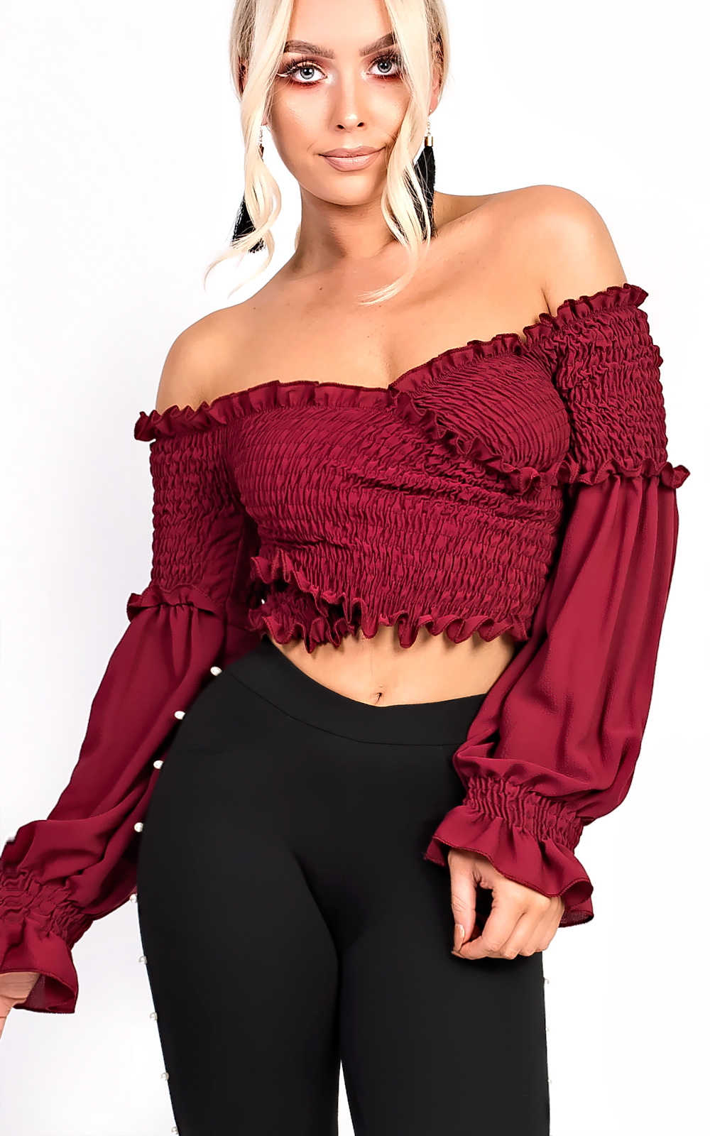 Karmen Bardot Stretch Long Sleeved Frill Crop Top Karmen Bardot Stretch Long Sleeved Frill Crop Top