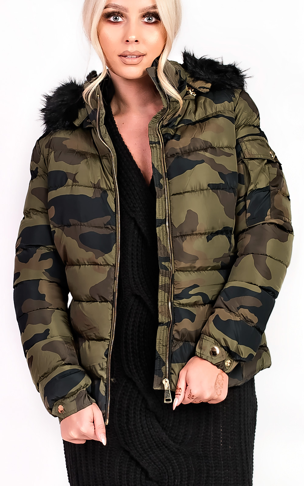 Josephine Camo Padded Faux Fur Hooded Jacket