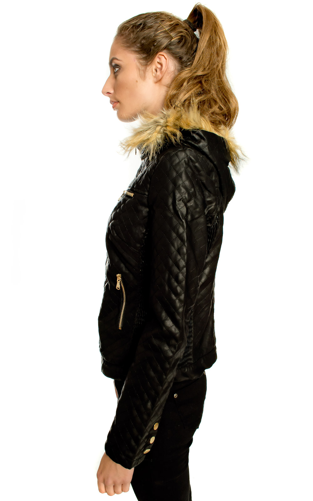 Nova Quilted Style Biker Jacket in Black ikrush