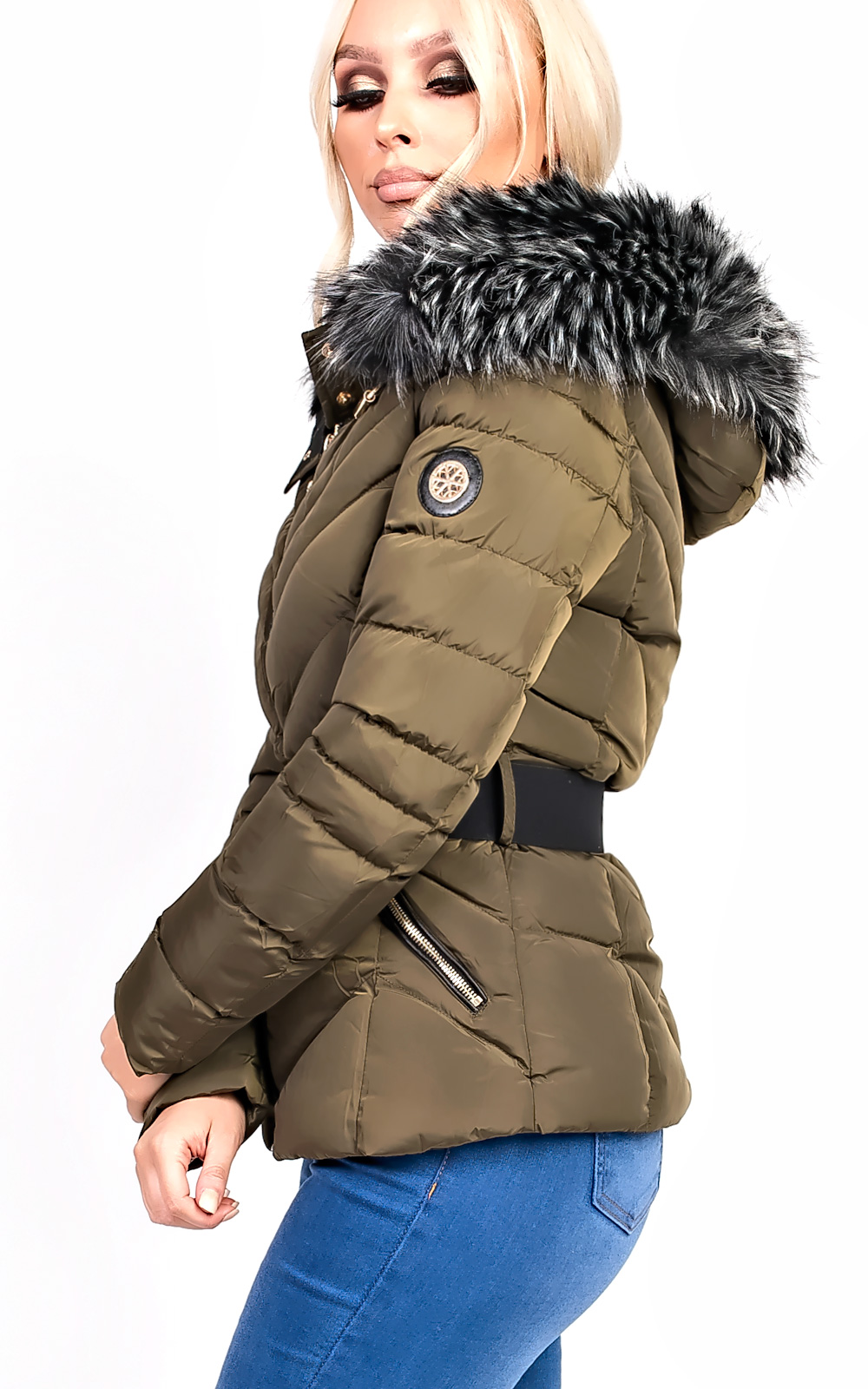 Sylvia Padded Faux Fur Hooded Belted Jacket Thumbnail