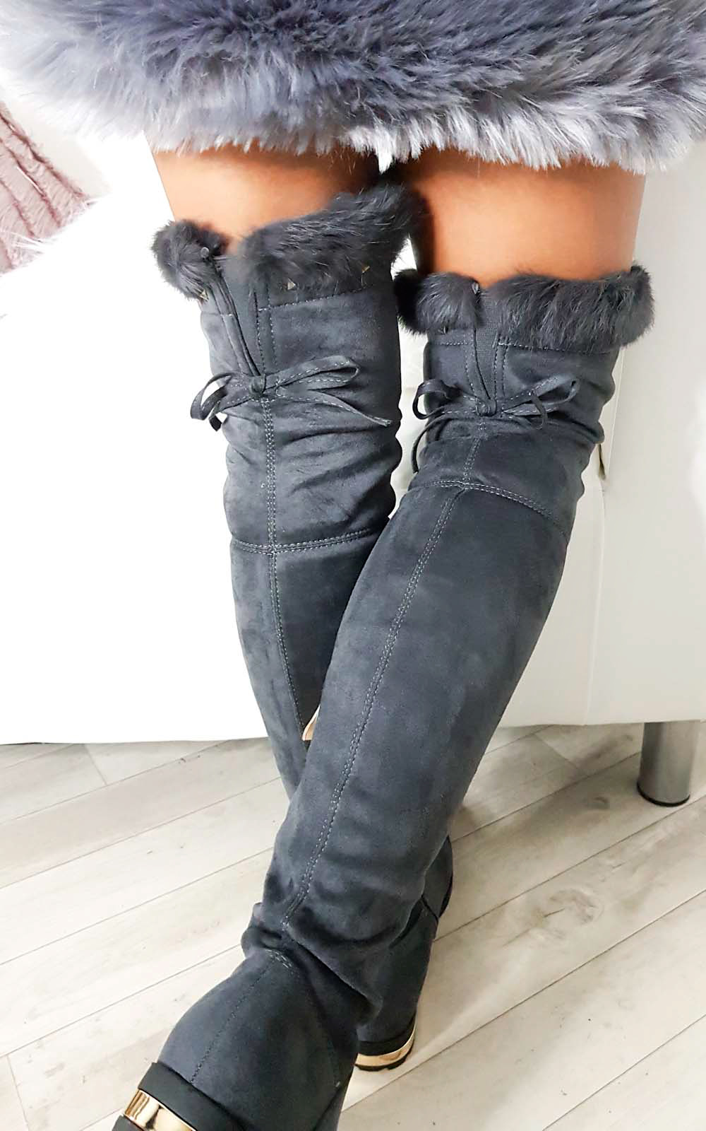 Carris Studded Faux Suede Fluffy Tassel Knee High Boots Carris Studded Faux Suede Fluffy Tassel Knee High Boots