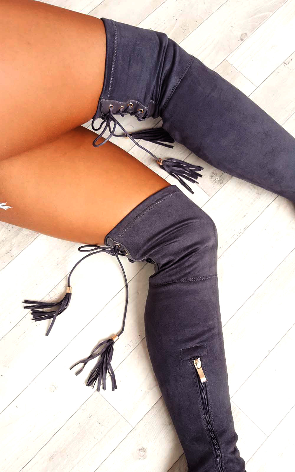 Amelia Faux Suede Tie Knee High Boots  Thumbnail