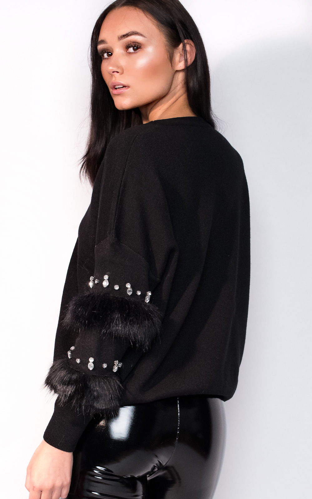 Reese Faux Fur Embellished Panel Knitted Jumper Thumbnail