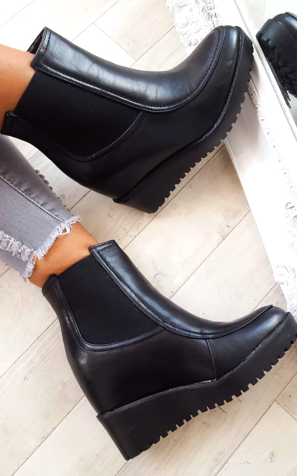 Kelsey Stretch Faux Leather Wedged Ankle Boots Thumbnail