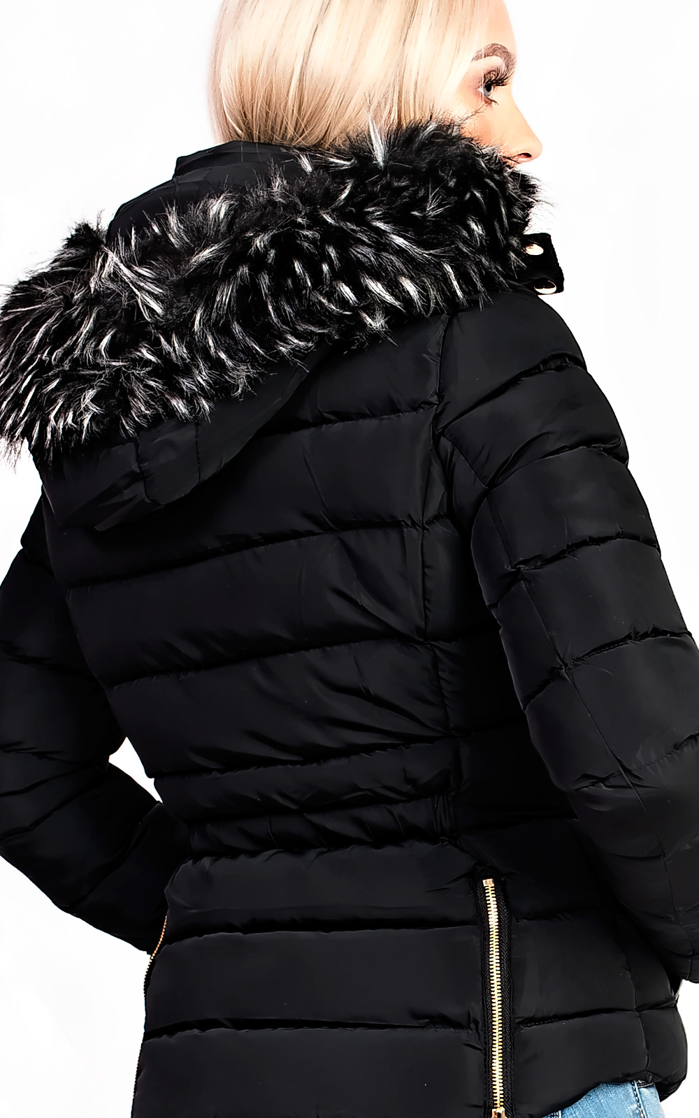 Selina Padded Faux Fur Popper Hooded Jacket Thumbnail Selina Padded Faux Fur Popper Hooded Jacket Thumbnail