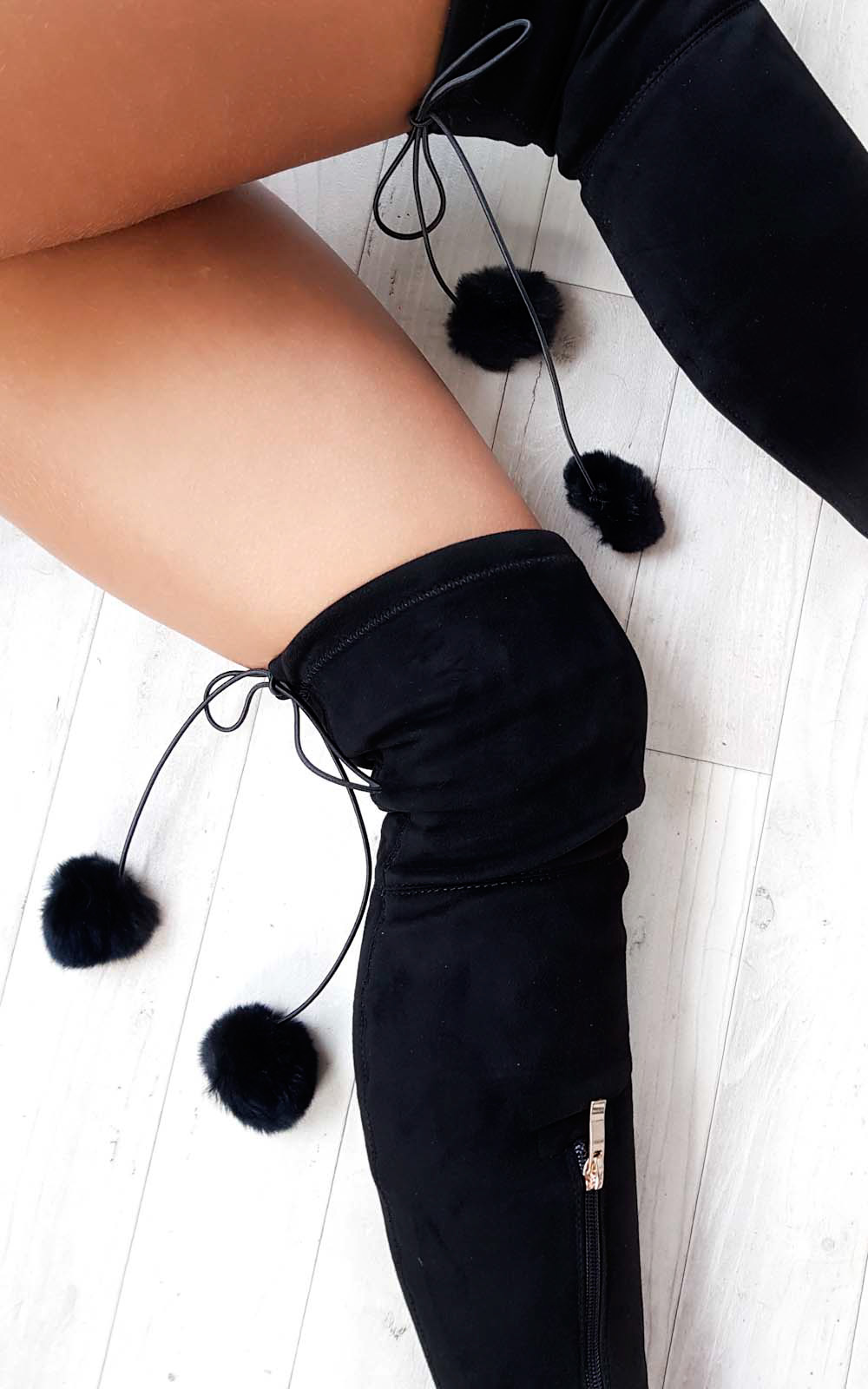 Poppy Pompom Faux Suede Knee High Boots  Thumbnail