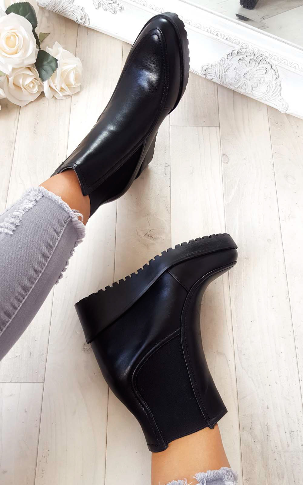 Kelsey Stretch Faux Leather Wedged Ankle Boots