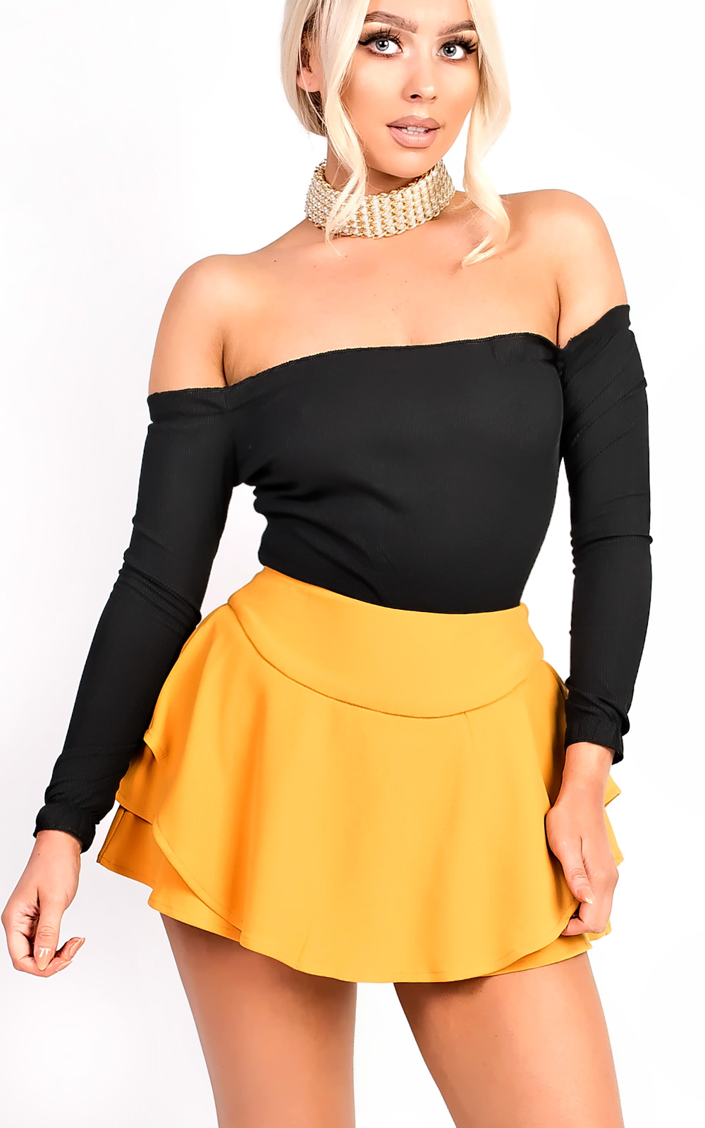 Lexia Ribbed Frill Off Shoulder Stretch Bodysuit