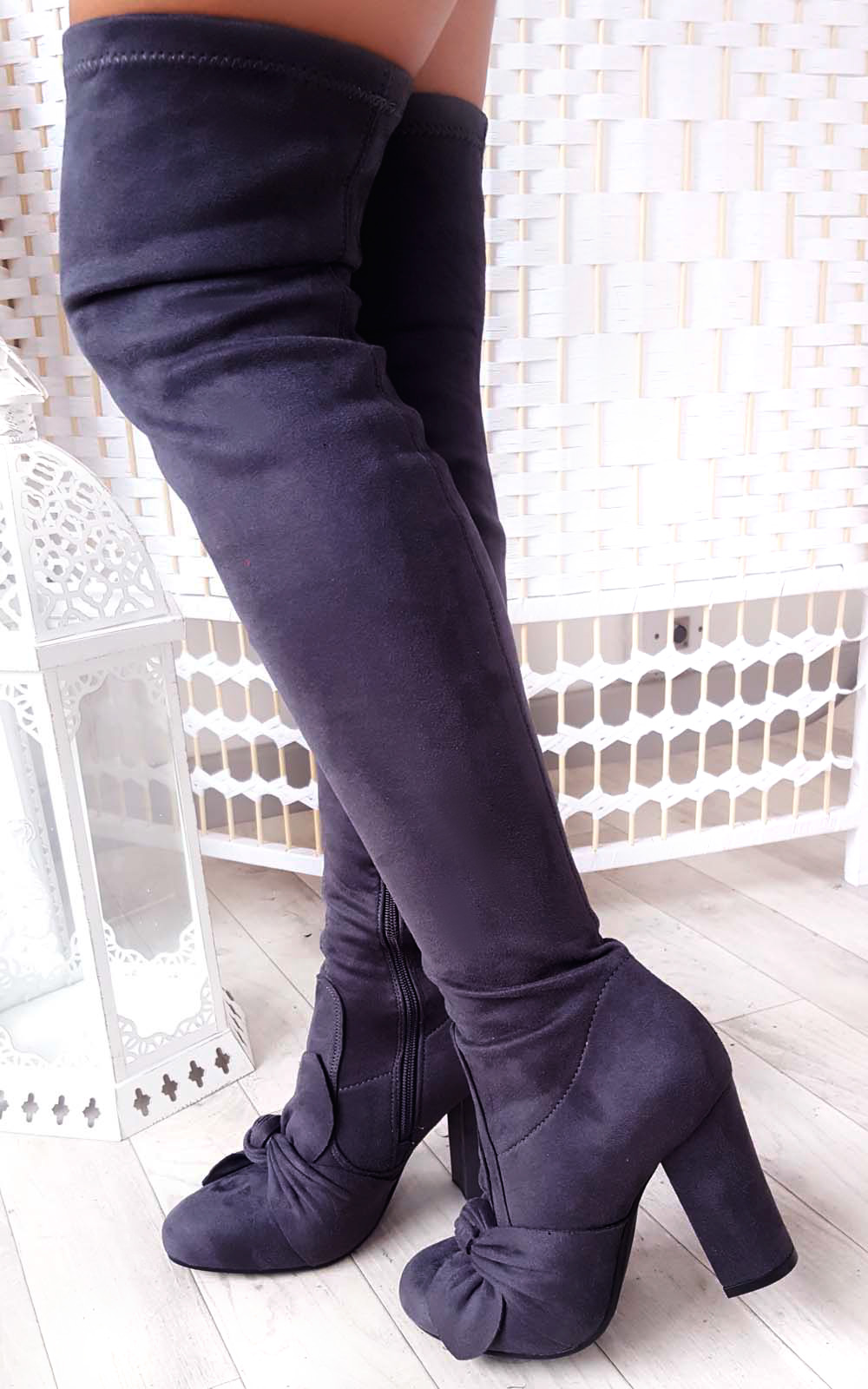 Corla Faux Suede Bow Front Knee High Boots Thumbnail