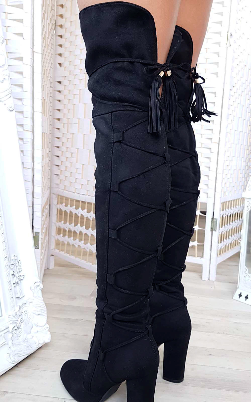 Lizzy Faux Suede Lace Up Knee High Boots Lizzy Faux Suede Lace Up Knee High Boots