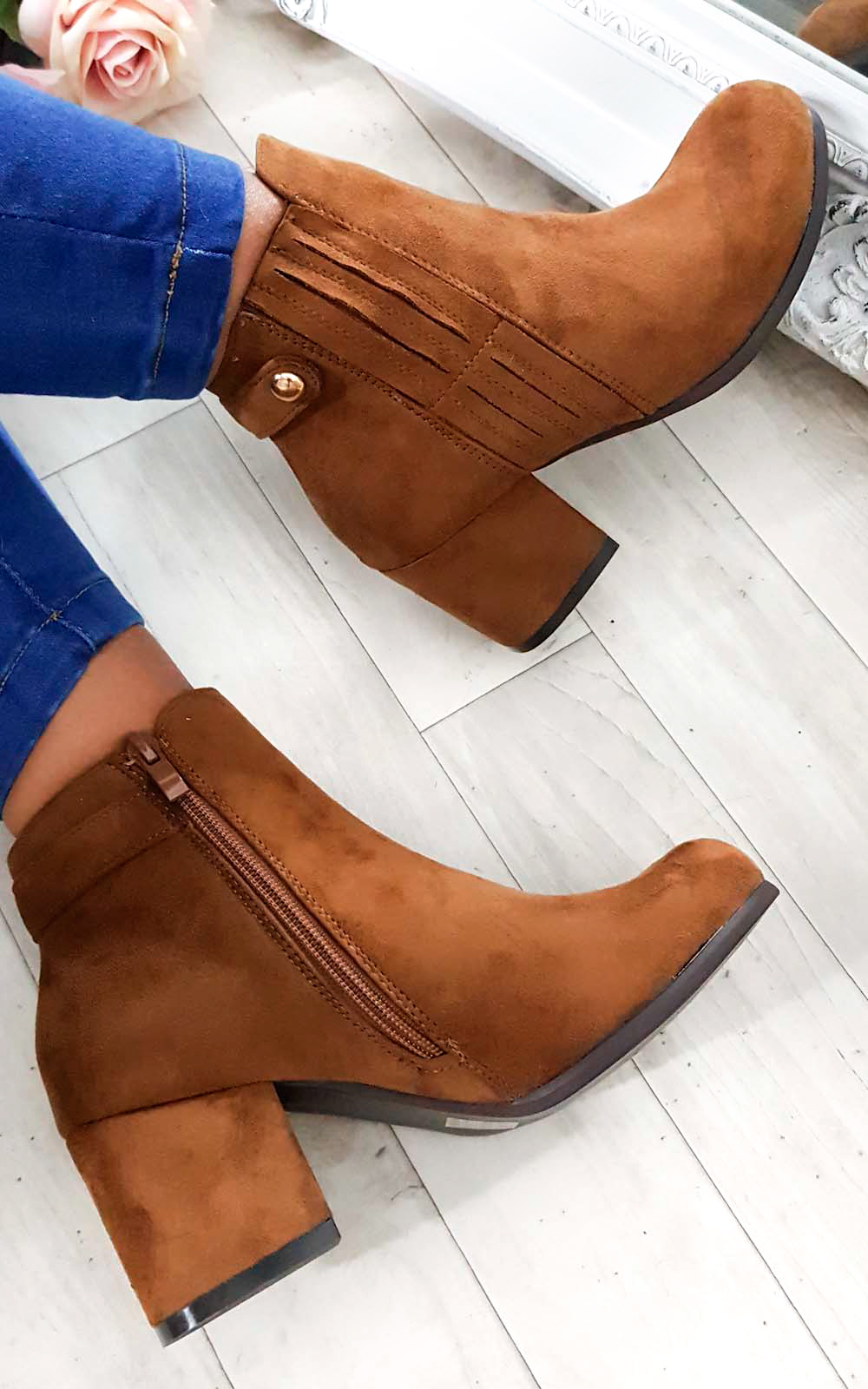 Klarissa Faux Suede Gold Button Ankle Boots Thumbnail